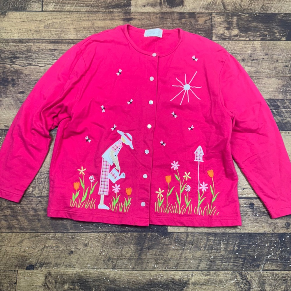 Mandal Bay Pink Embroidered Cardigan‎ Sweater Women's Floral Bug Cottagecore